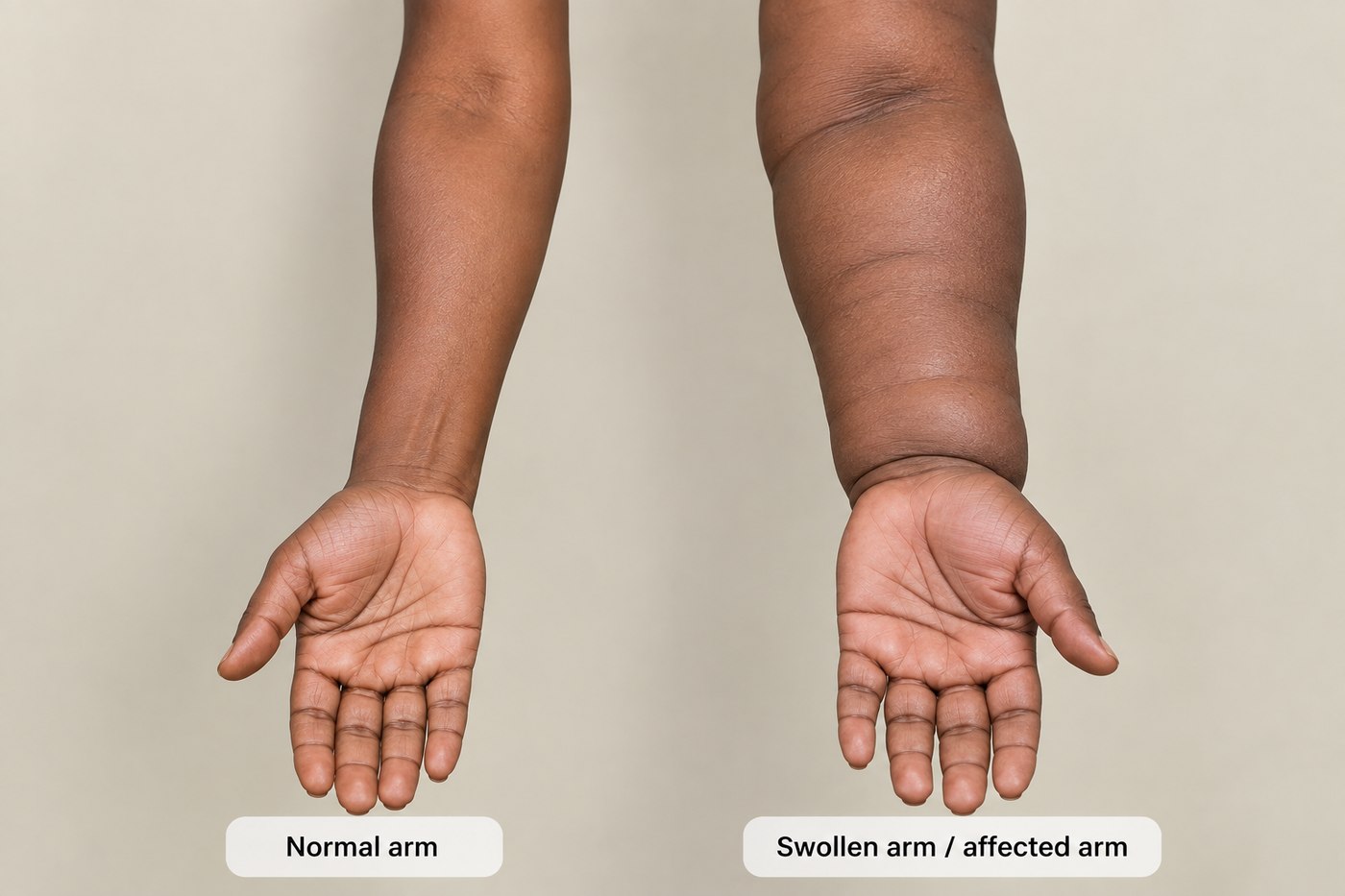 Two arms side by side, palms upward. The arm on the left is a normal shape. The arm on the right is uniformly swollen from the upper arm down, with the wrist contour lost and the hand and fingers thickened.