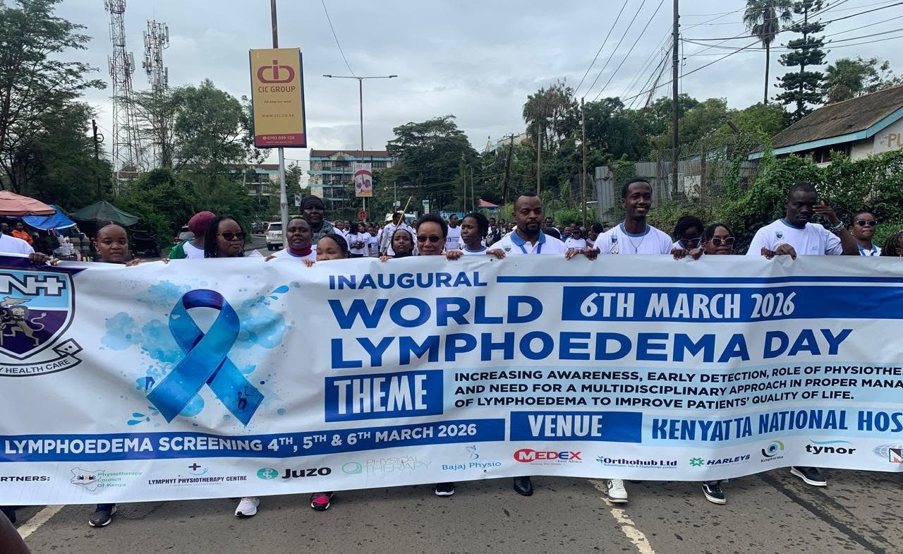 Participants carrying a banner reading Inaugural World Lymphoedema Day, 6th March 2026, at the public awareness campaign walk in Nairobi.